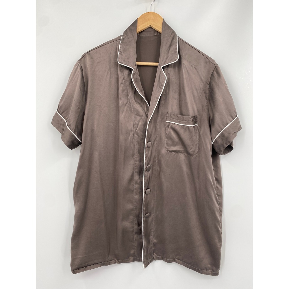 ElleSilk Pajama Top Men S Taupe Brown 100% Silk Short Sleeve Button Up Piped